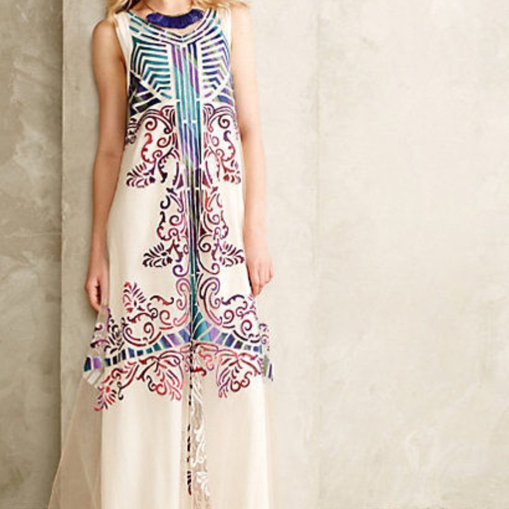 Anthropologie Geisha Designs Embroidered Maxi Dress Tulle New Sleeveless Size 0